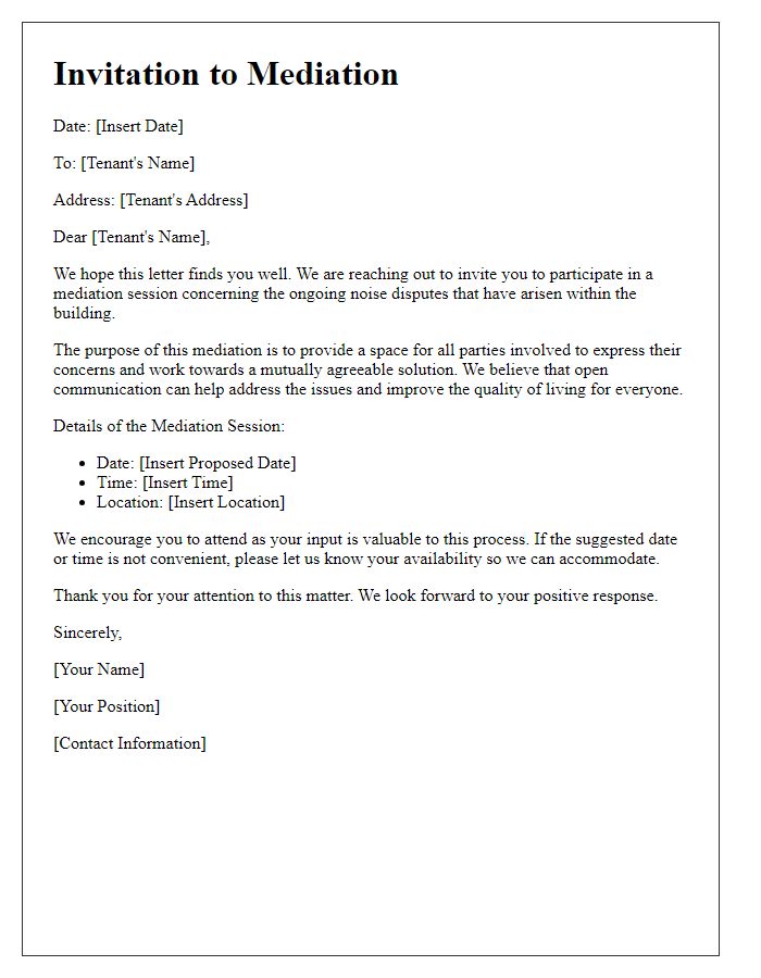 Letter template of mediation invitation for noise disputes among tenants