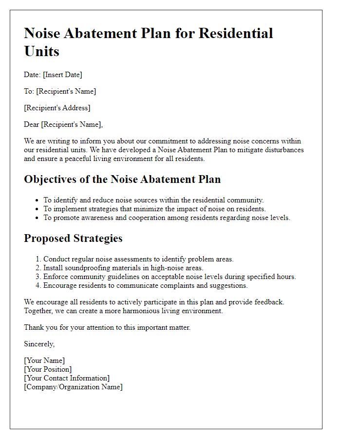 Letter template of noise abatement plan for residential units