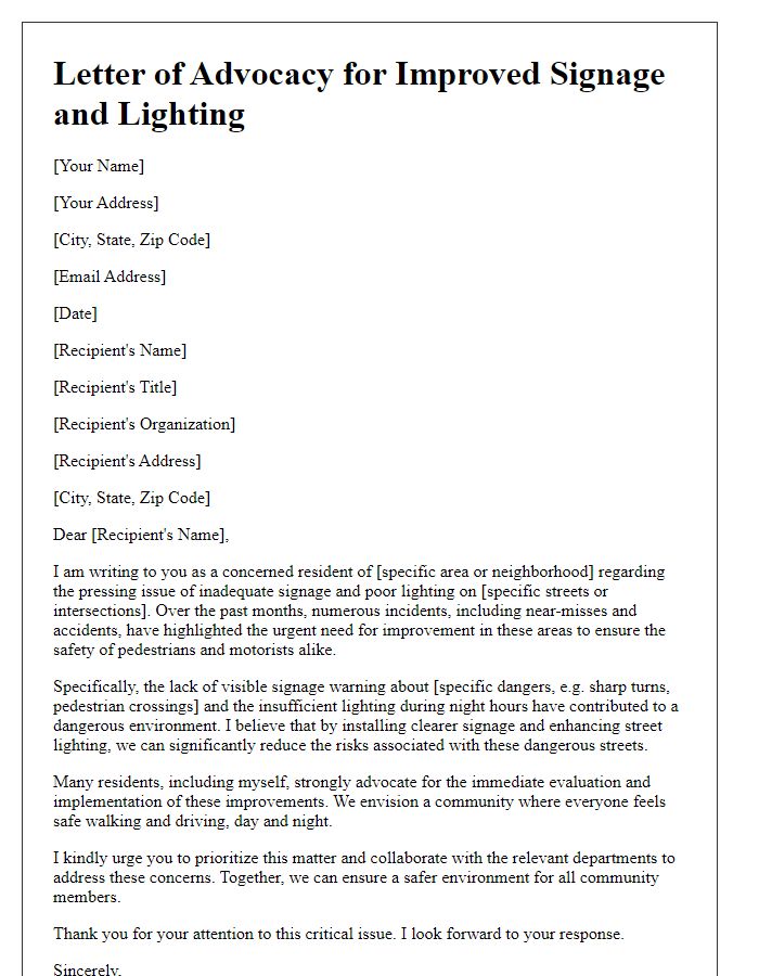 Letter template of advocacy for improved signage and lighting on dangerous streets.