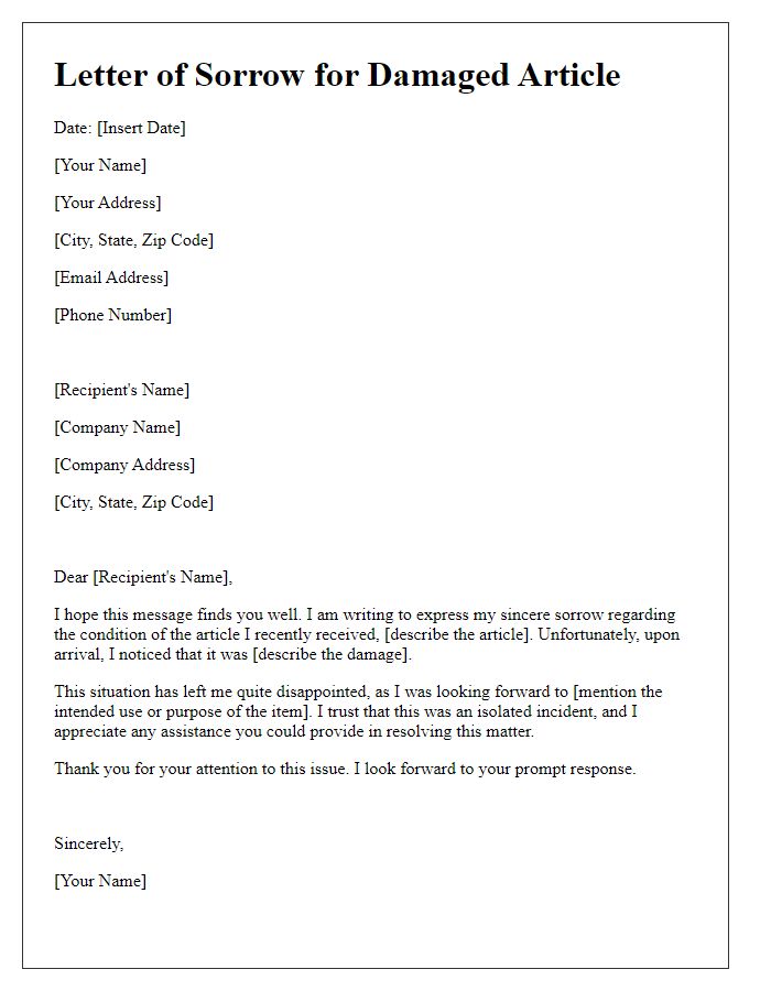 Letter template of expressing sorrow for a damaged article.