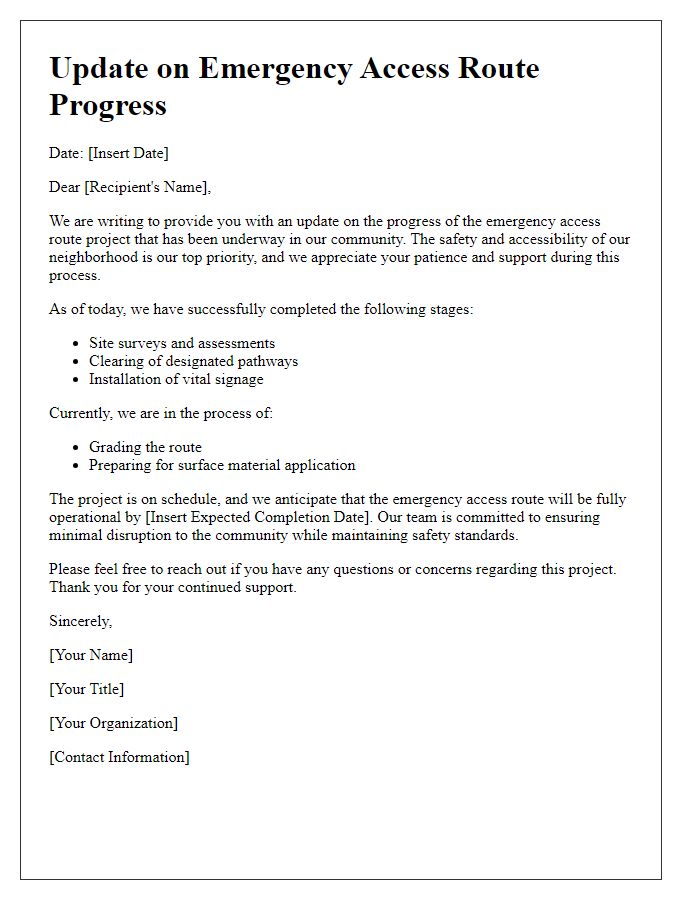 Letter template of update on emergency access route progress