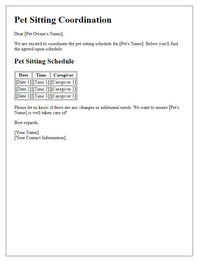 Letter template of coordinated pet sitting schedule