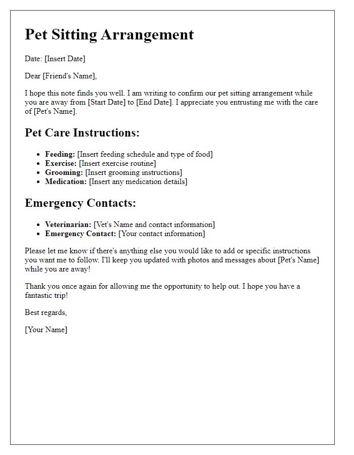 Letter template of pet sitting arrangement between friends