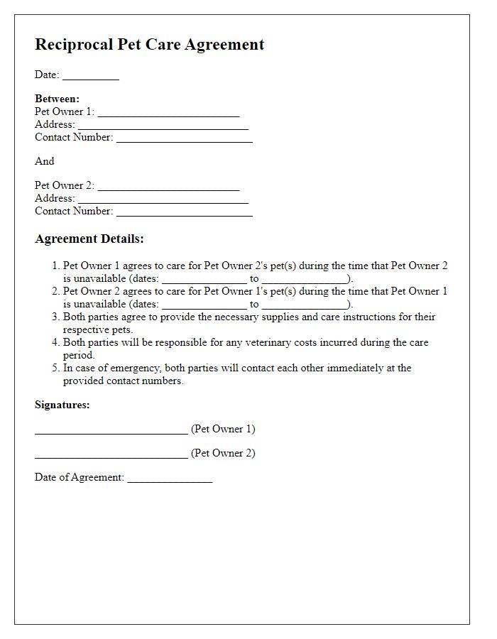 Letter template of reciprocal pet care agreement