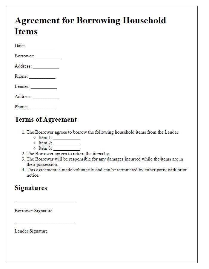 Letter template of agreement for borrowing household items.