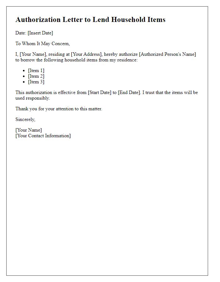 Letter template of authorization to lend household items.