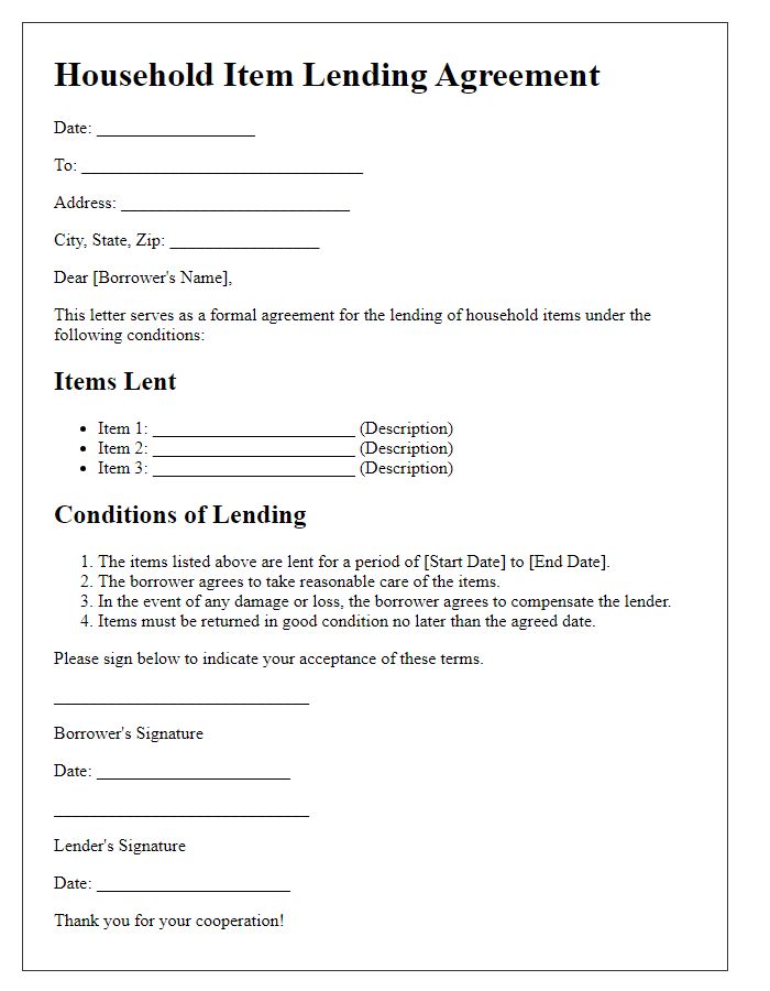 Letter template of condition for lending household items.