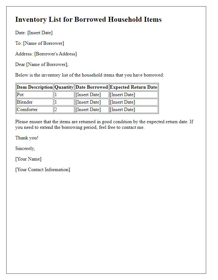 Letter template of inventory list for borrowed household items.