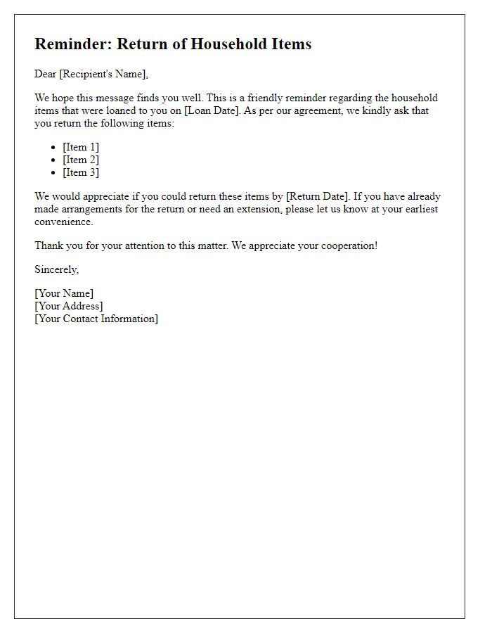 Letter template of reminder for returning household items.