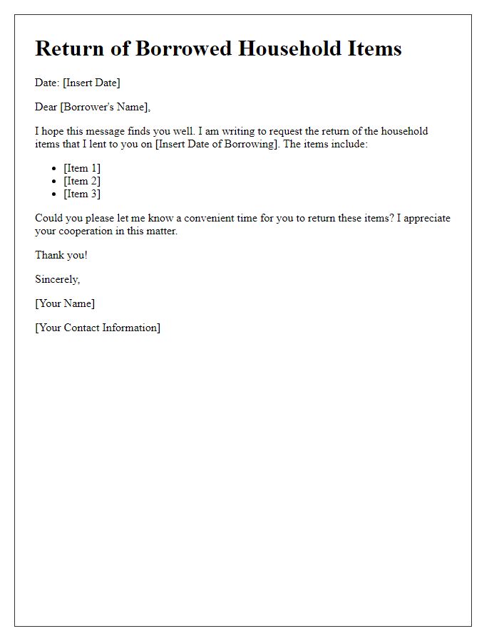 Letter template of return of borrowed household items.