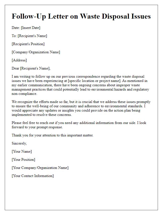 Letter template of follow-up regarding waste disposal issues