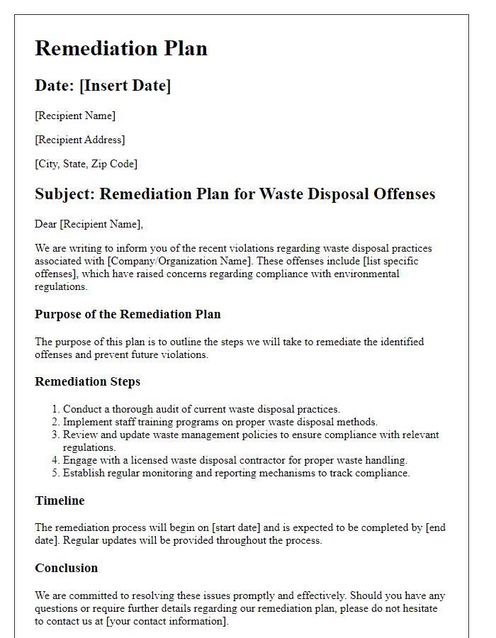 Letter template of remediation plan for waste disposal offenses