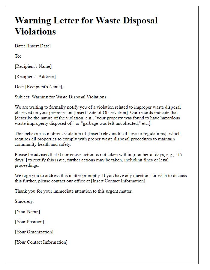 Letter template of warning for waste disposal violations