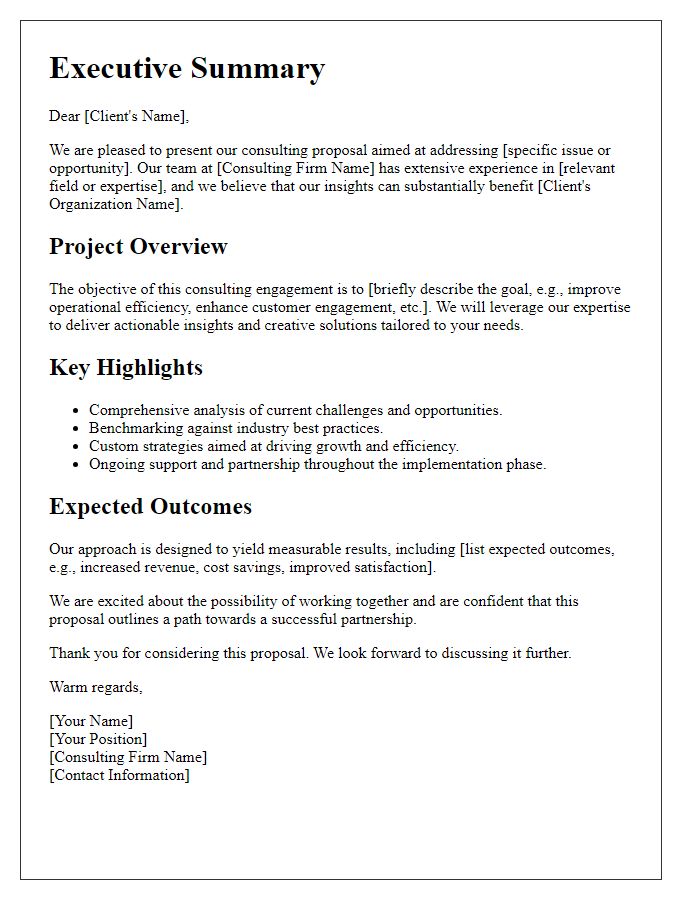 Letter template of consulting proposal highlights for executive summary