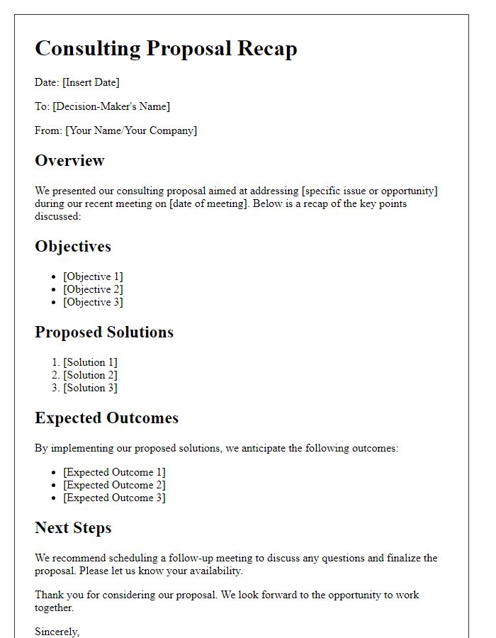 Letter template of consulting proposal recap for decision-makers