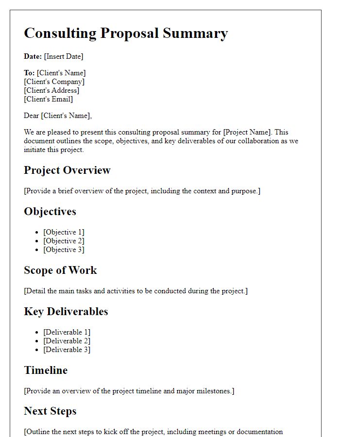 Letter template of consulting proposal summary for project kickoff