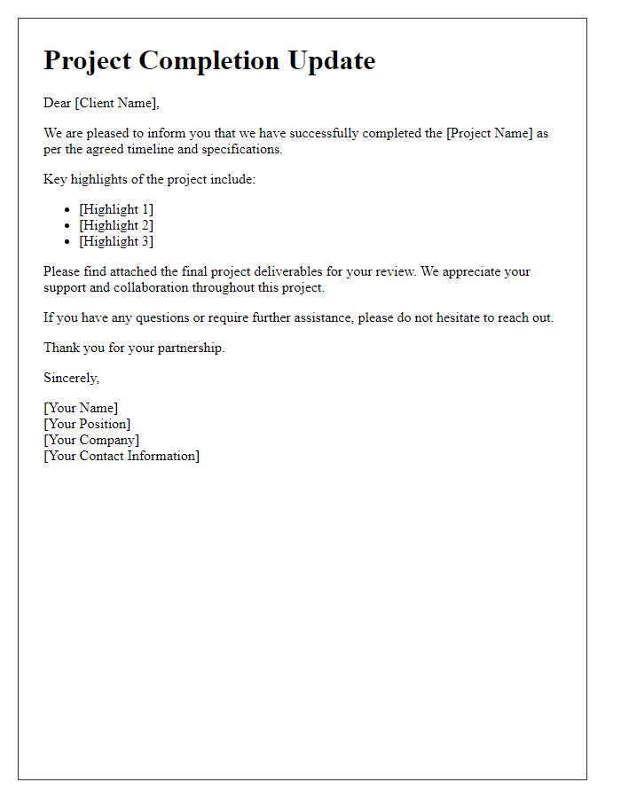 Letter template of project completion update for client engagement