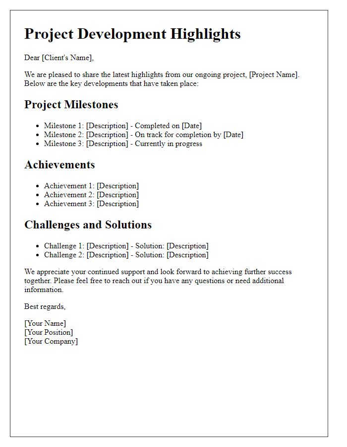 Letter template of project development highlights for client