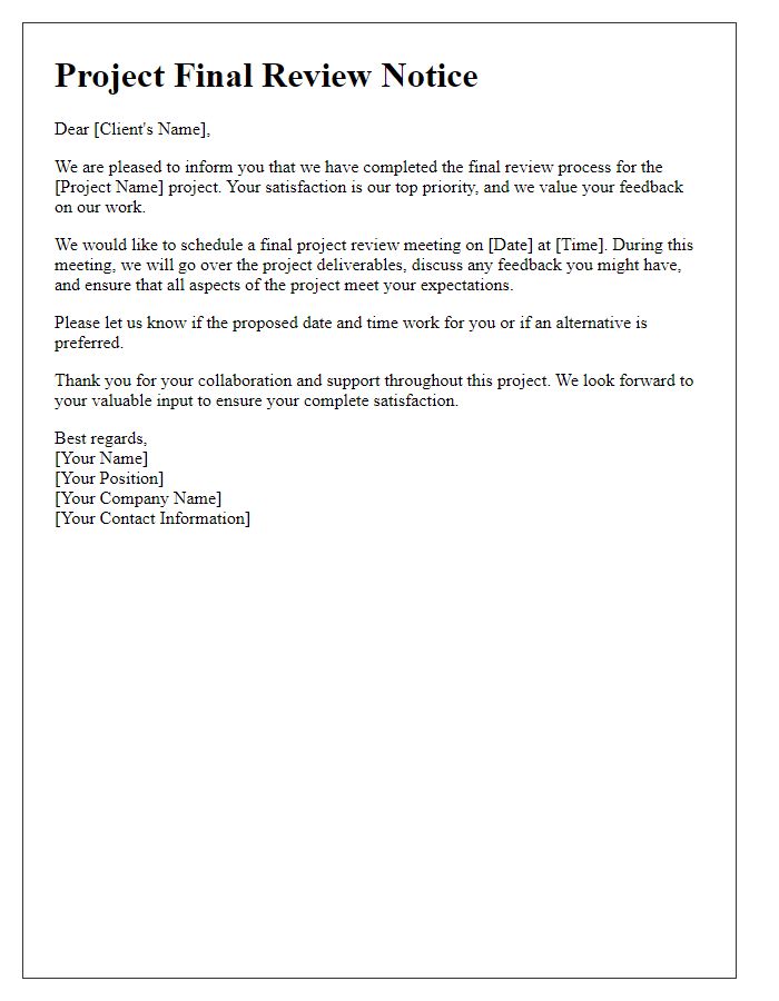 Letter template of project final review notice for client satisfaction