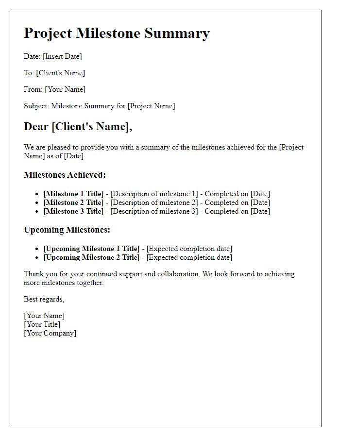 Letter template of project milestone summary for client