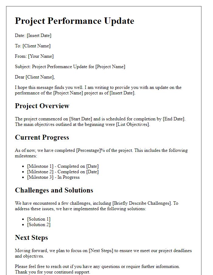 Letter template of project performance update for client