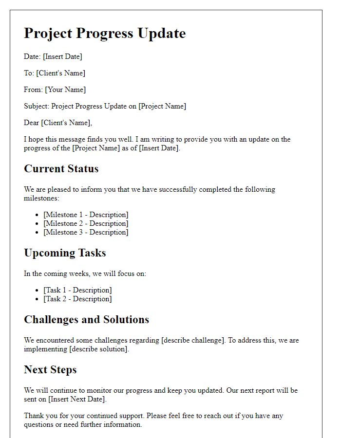 Letter template of project progress update for client communication