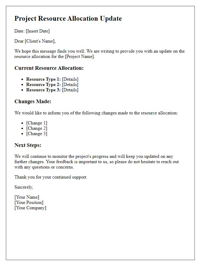 Letter template of project resource allocation update for client