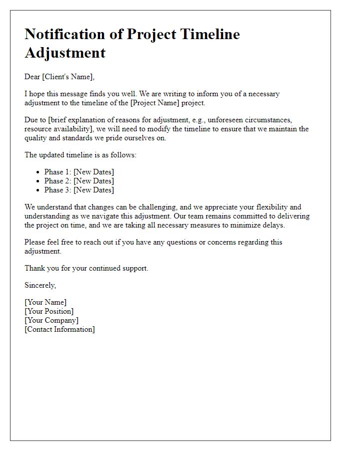 Letter template of project timeline adjustment for client notification