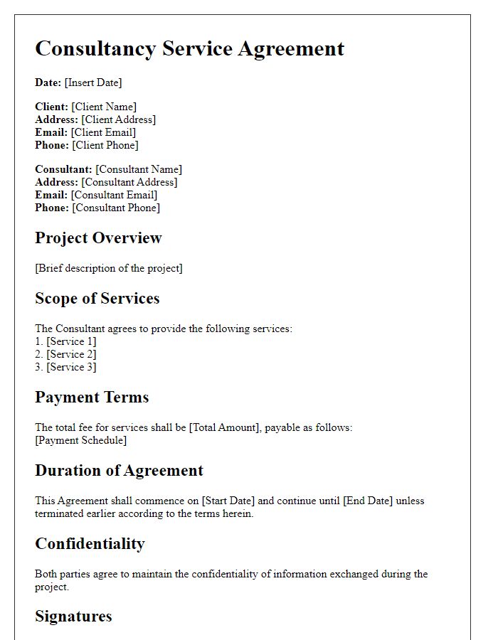 Letter template of consultancy service agreement for project management.