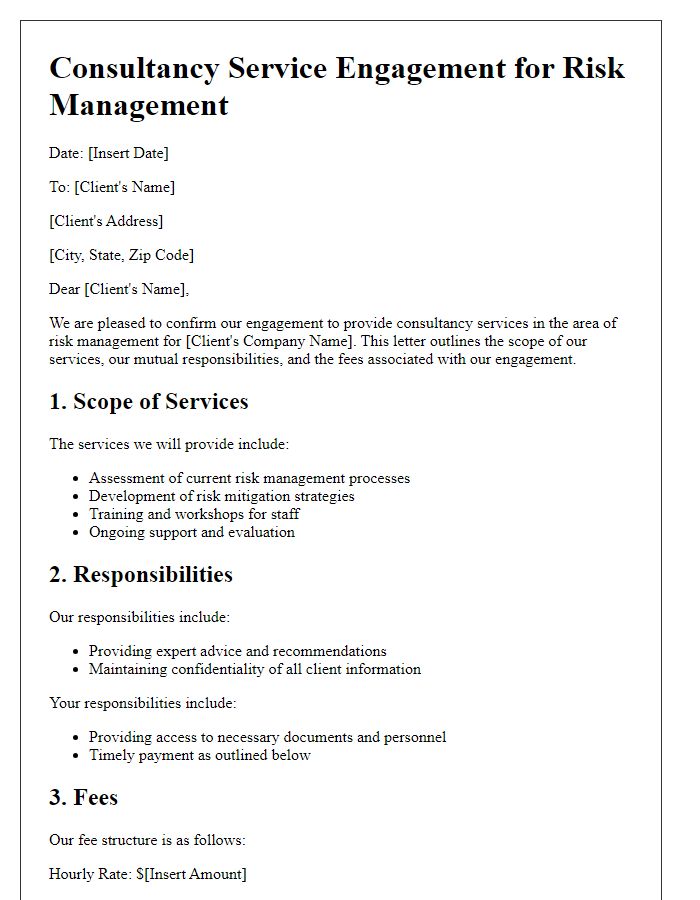 Letter template of consultancy service engagement for risk management.