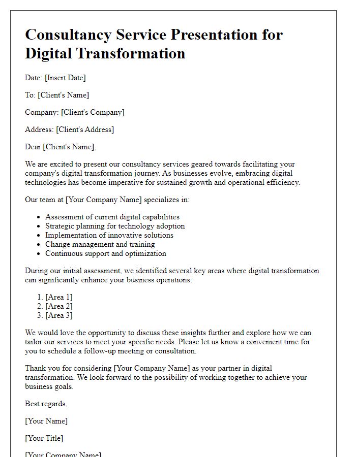 Letter template of consultancy service presentation for digital transformation.