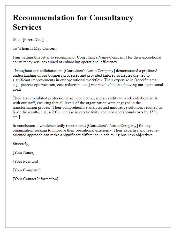 Letter template of consultancy service recommendation for operational efficiency.