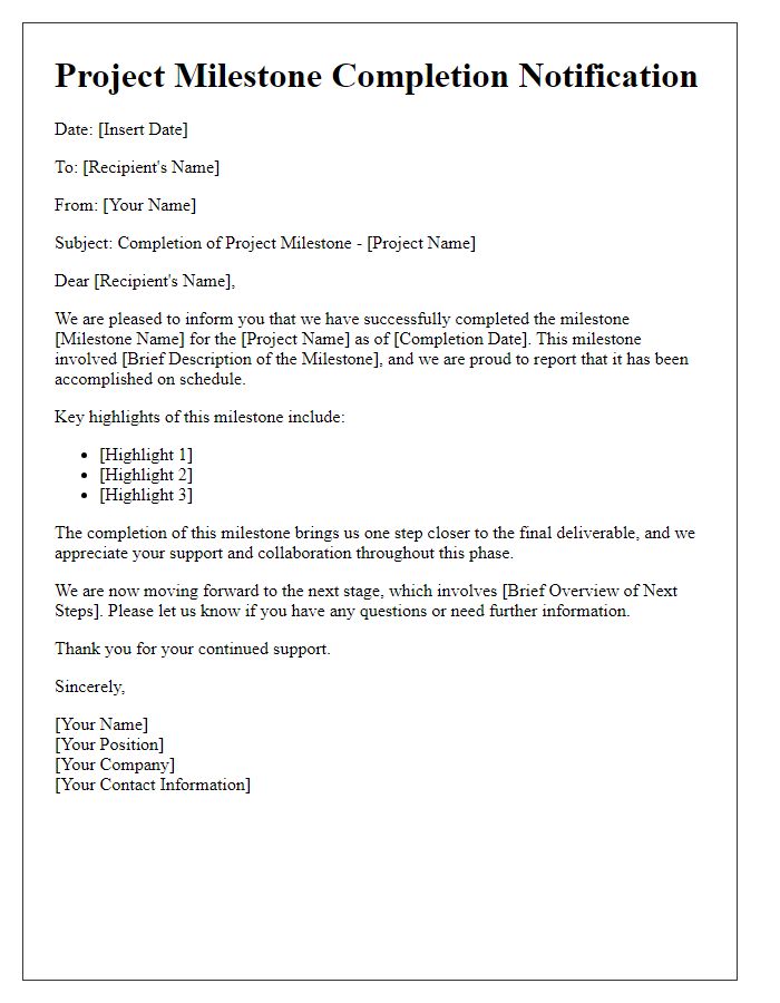 Letter template of project milestone completion notification