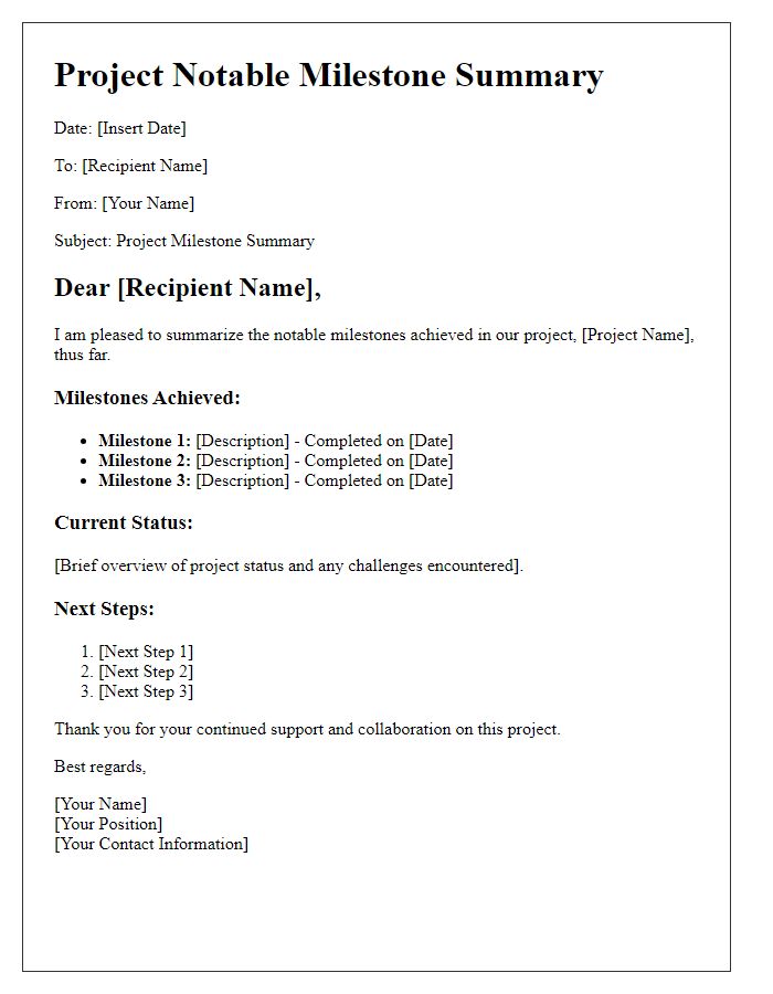 Letter template of project notable milestone summary