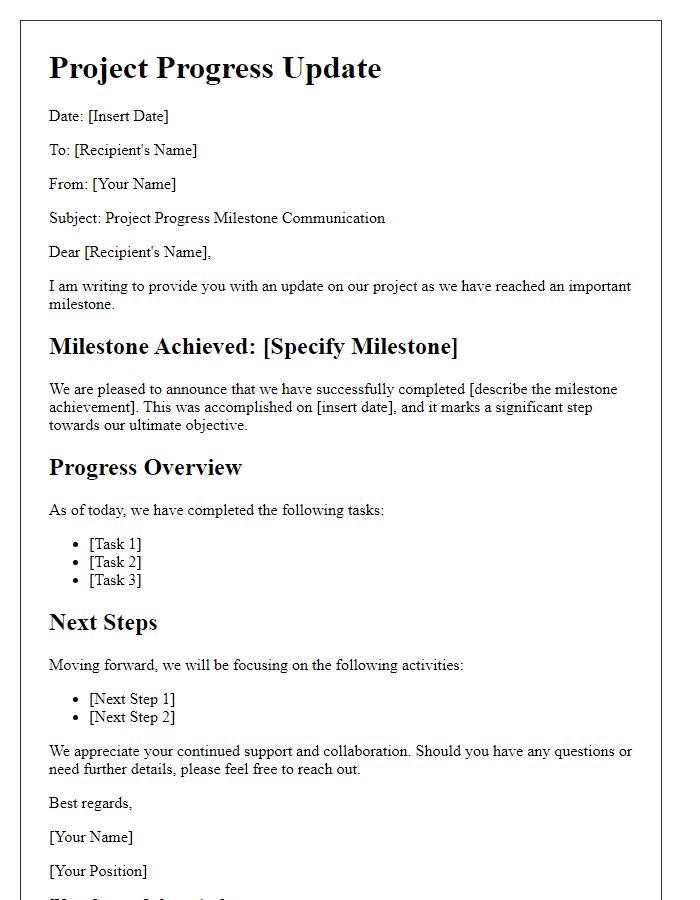 Letter template of project progress milestone communication