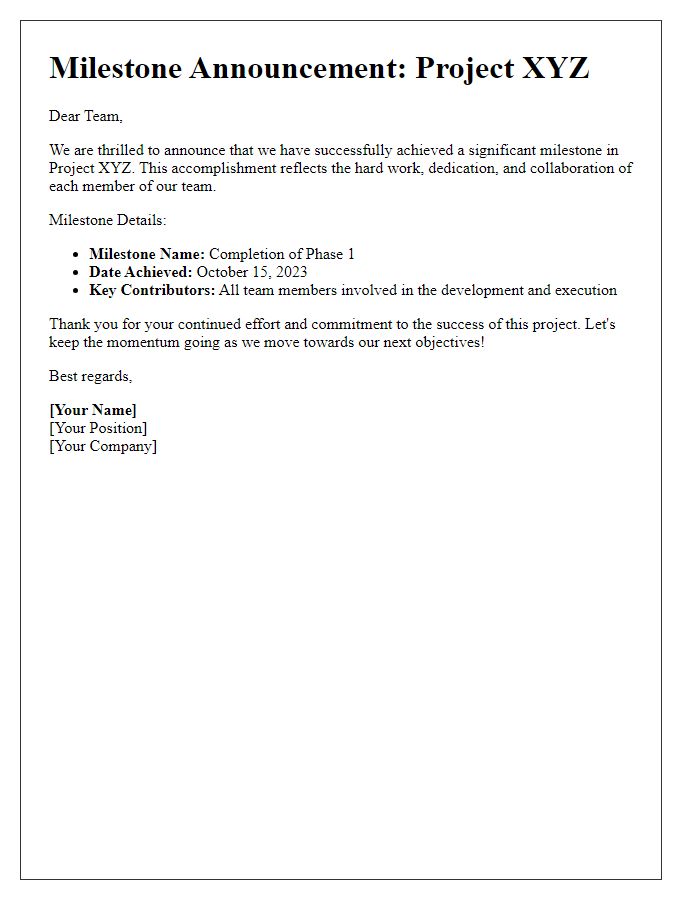 Letter template of project success milestone announcement