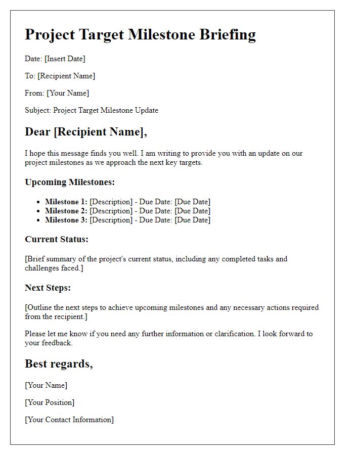 Letter template of project target milestone briefing