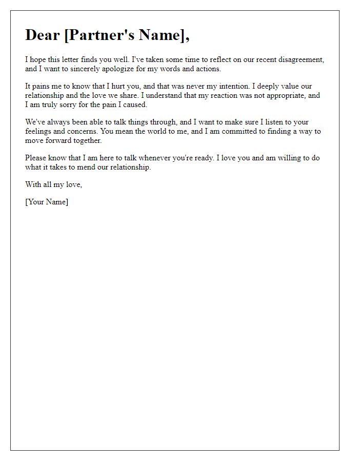 Letter template of heartfelt apology to a partner after a disagreement