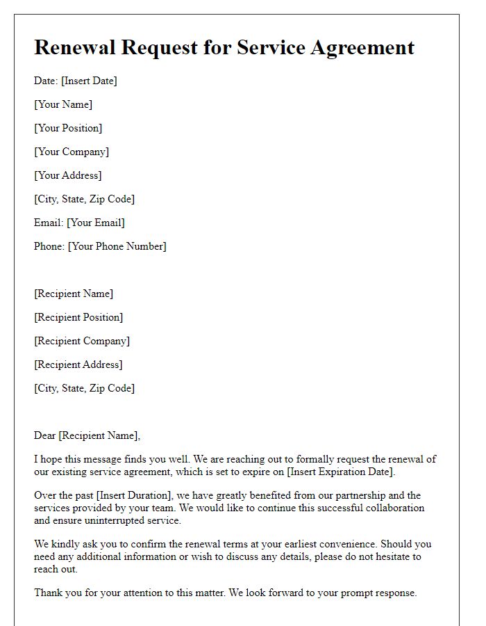 Letter template of Renewal Request for Existing Service Agreement