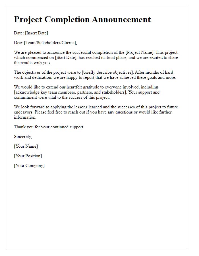 Letter template of project completion announcement