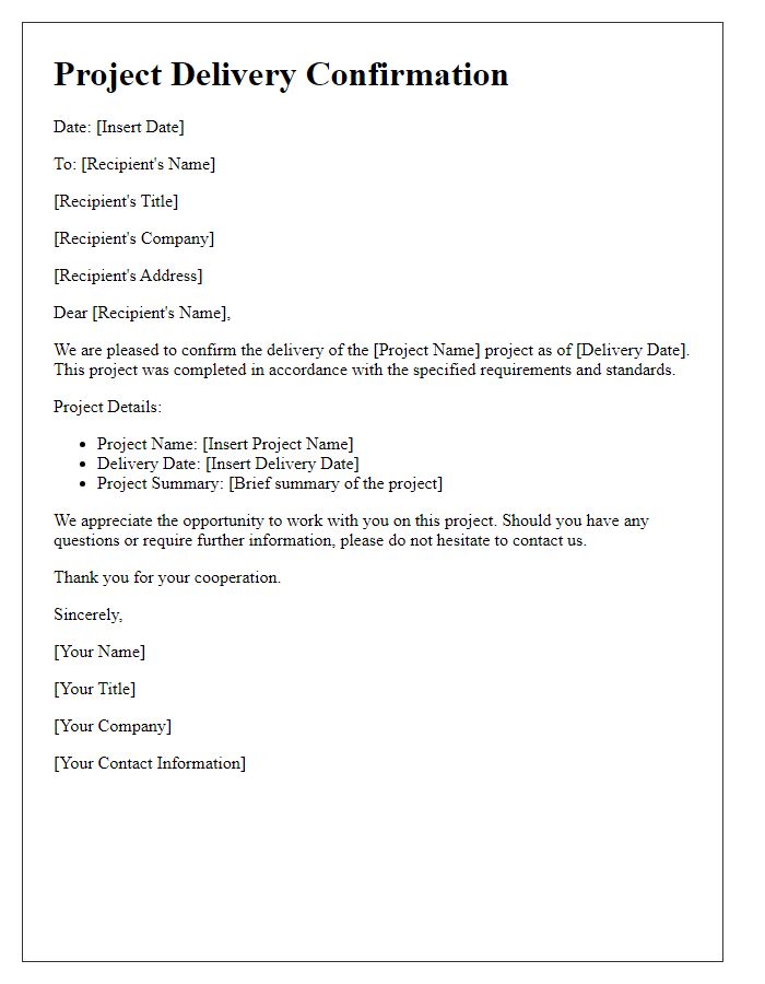 Letter template of project delivery confirmation