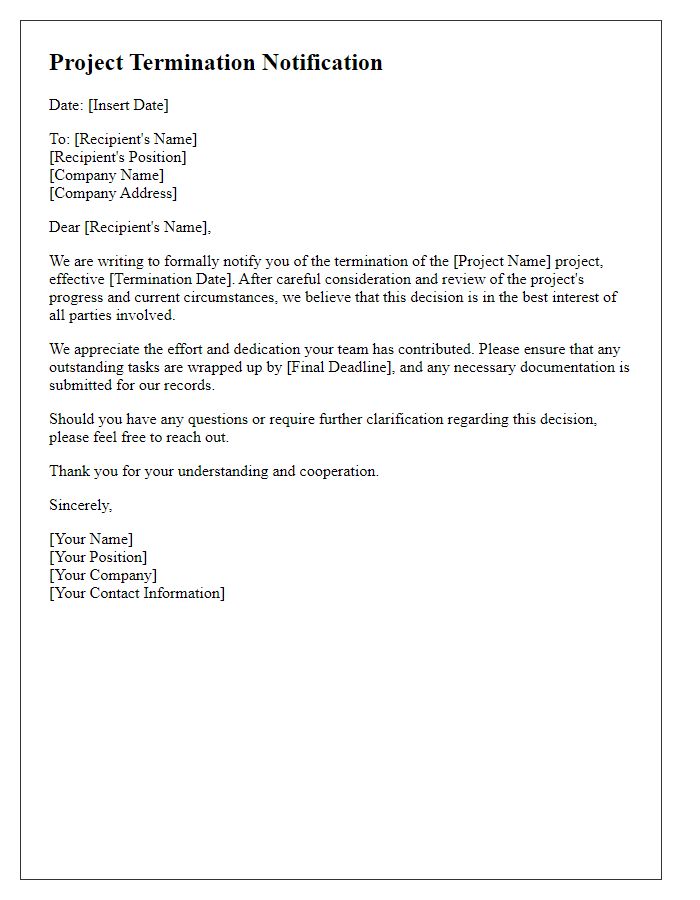 Letter template of project termination communication