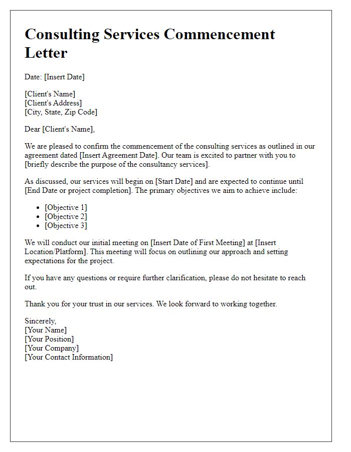 Letter template of consulting services commencement