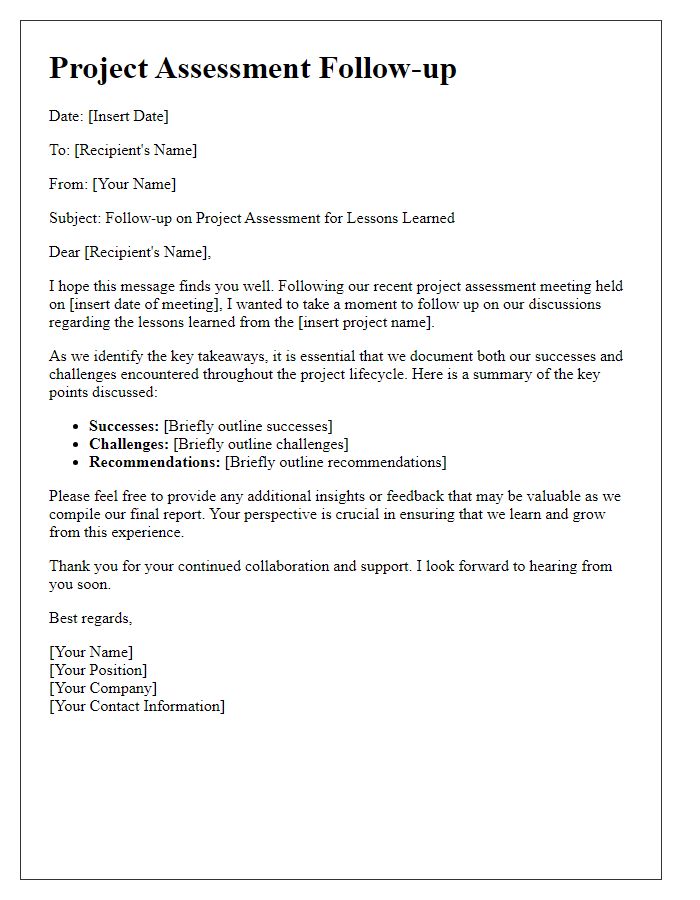 Letter template of project assessment follow-up for lessons learned.