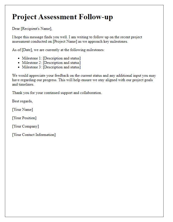 Letter template of project assessment follow-up for milestone updates.