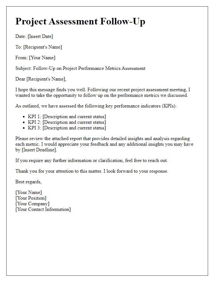 Letter template of project assessment follow-up for performance metrics.