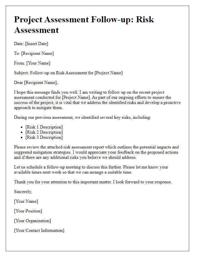 Letter template of project assessment follow-up for risk assessment.