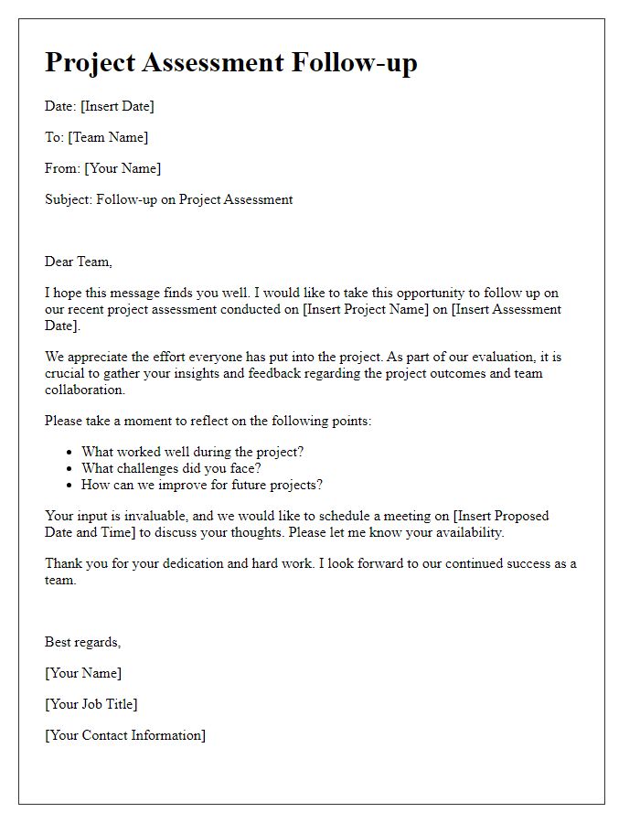 Letter template of project assessment follow-up for team evaluation.