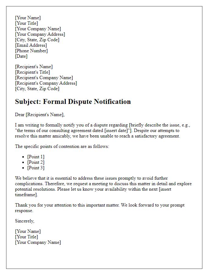 Letter template of formal dispute notification in consultancy