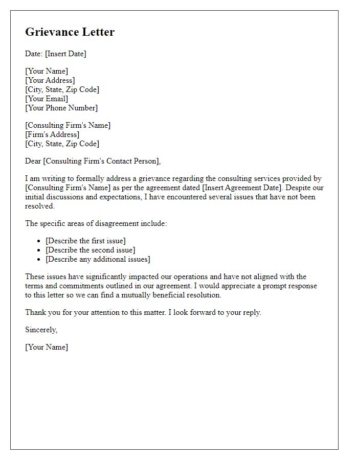 Letter template of grievance letter for consulting service disagreements